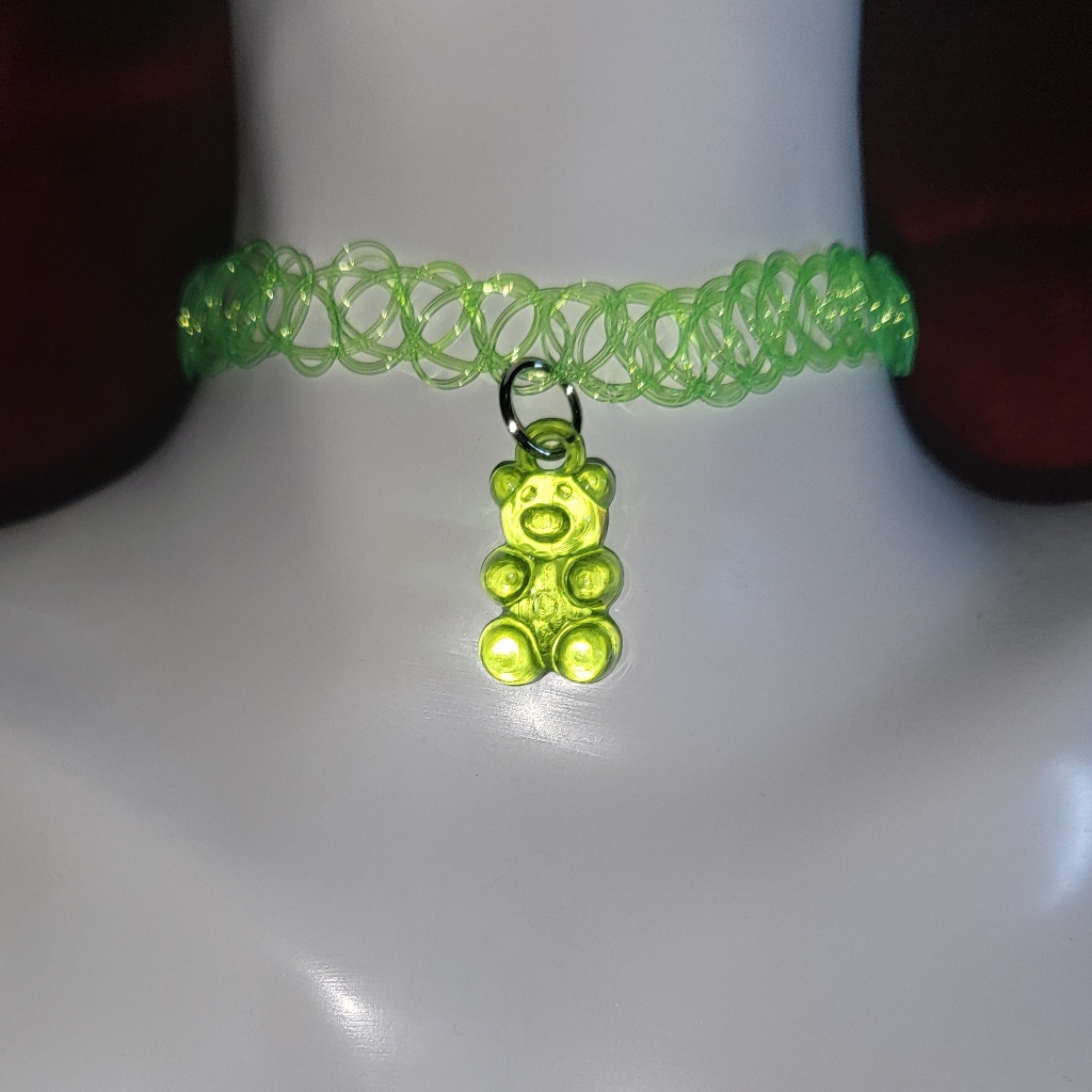 Neon Green Bear Choker Necklace, Charm Necklace, Choker Necklace, 90s Choker